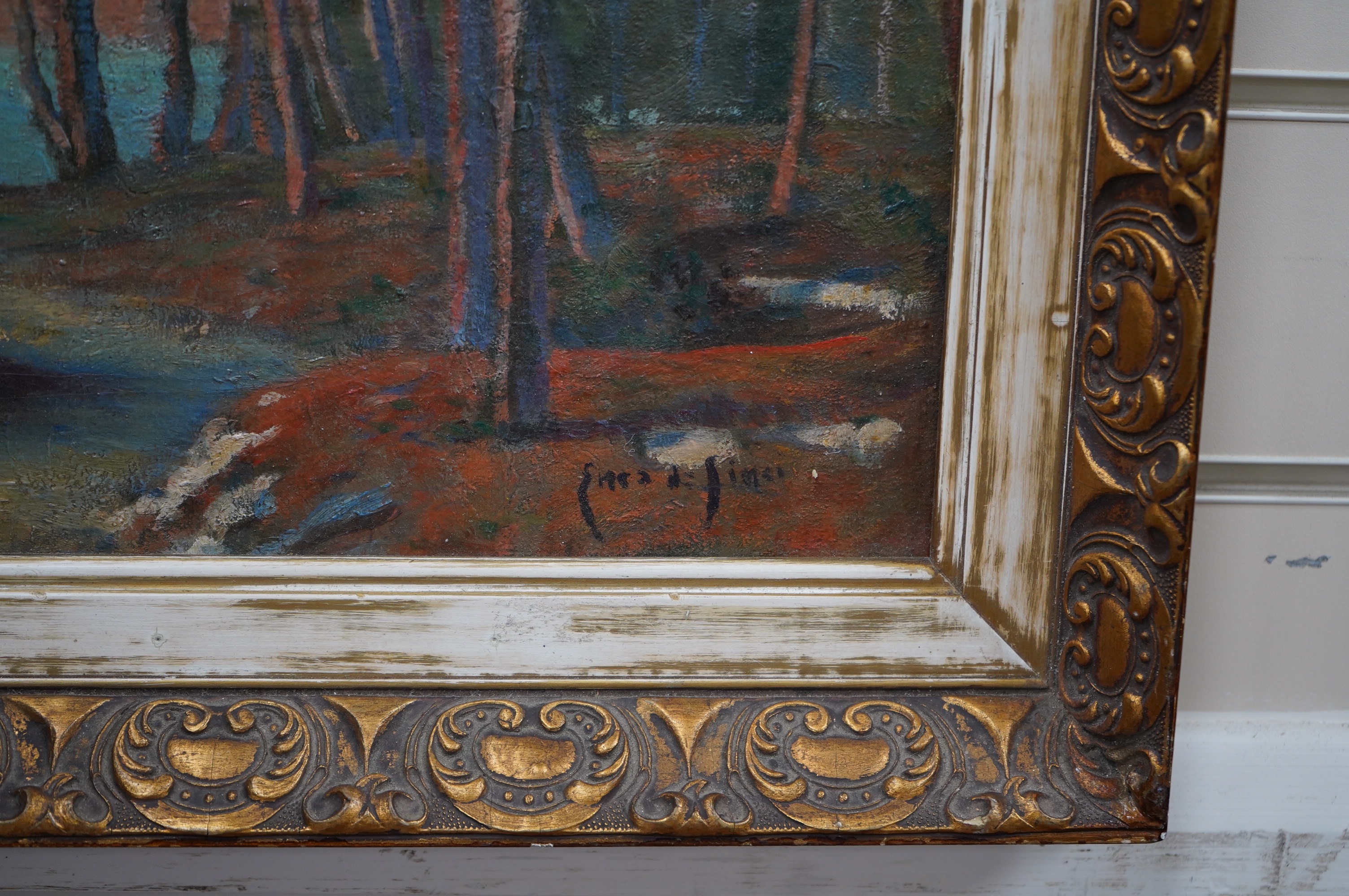 20th century, French impressionist oil on canvas, Woodland scene, 'Le bois du saint esprit de pavenzo', indistinctly signed Ernest ...?, inscribed verso, 26 x 36cm. Condition - poor
